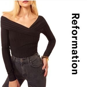 Reformation Black Off-Shoulder Ribbed Bodysuit